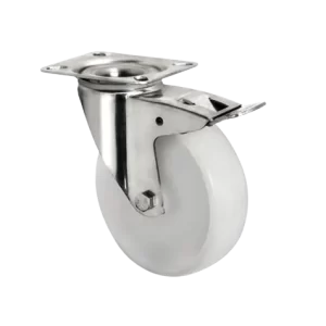 ROTAR LTDA. Rueda Bloque Poliamida, Placa Giratoria con Freno Acero Inox 304. Diámetro 100 mm, Capacidad de Carga 120 Kg.