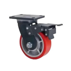 ROTAR LTDA. Rueda FORTE Banda Poliuretano Núcleo Hierro Diámetro 200 mm. Placa Giratoria con Freno Total. Base Anclaje Angosta.