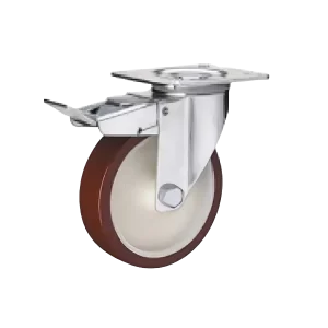 ROTAR LTDA. Línea Logística, Rueda Banda Poliuretano Café Núcleo Poliamida, Placa Giratoria Galvanizada. Freno Total.