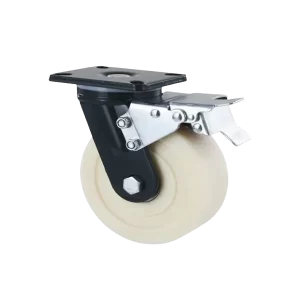 ROTAR LTDA. Rueda Carga Pesada, Monobloque de Nylon Reforzado, Placa Giratoria con Freno, Chapa de Acero, Espesor 6 mm.